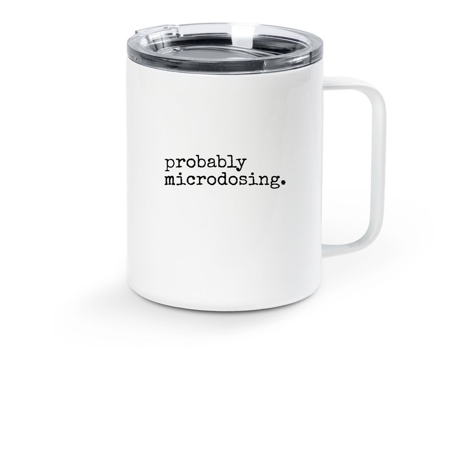 Probably Microdosing Logo Travel Mug, a White Stainless Steel Travel Mug