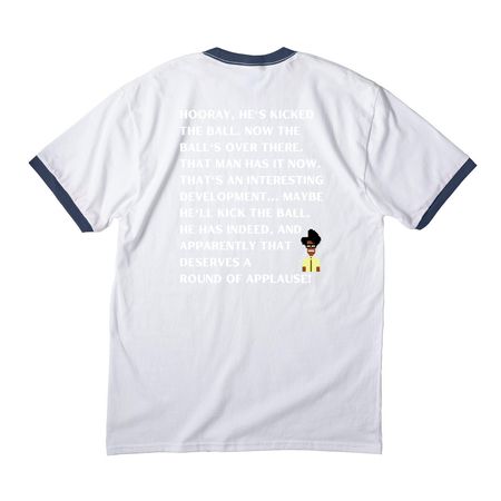 Hooray, Hes kicked the ball, a White/ Navy Cotton Ringer Tee
