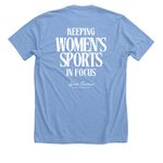 Keeping Women's Sports in Focus, a Heather Carolina Blue Premium Unisex Tee (back-view)