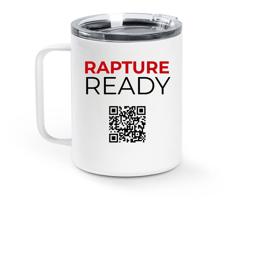 RAPTURE READY TRAVEL MUG, a White Stainless Steel Travel Mug (back-view)