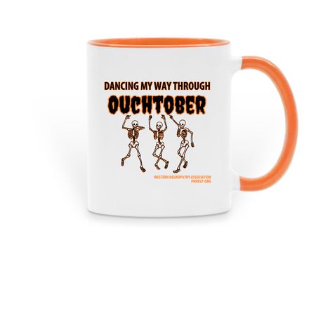 Dancing through Ouchtober Mugs, a Orange Two-Tone Ceramic Mug (back-view)