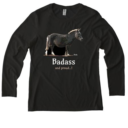 Rudy, our Badass mini-mule!, a Space Black Allmade Eco Triblend Women?s Long Sleeve Tee