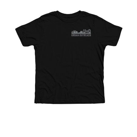 UO Grey Logo/ Pump N Run on back, a Solid Black Blend Premium Youth Tee