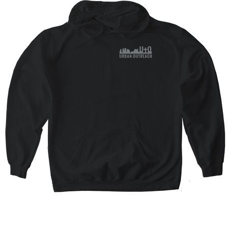 UO Grey Logo/ Pump N Run on back, a Black Gildan Softstyle Pullover Hoodie
