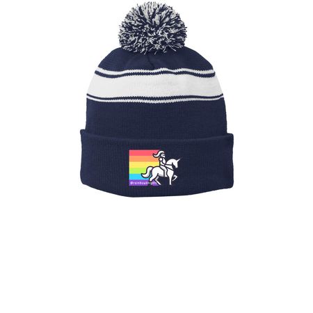 Rainbow Knights [Hats], a True Navy/ White Printed Stripe Pom-Pom Beanie