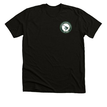 Full Color Logo, a Black Heather Premium Unisex Tee (back-view)