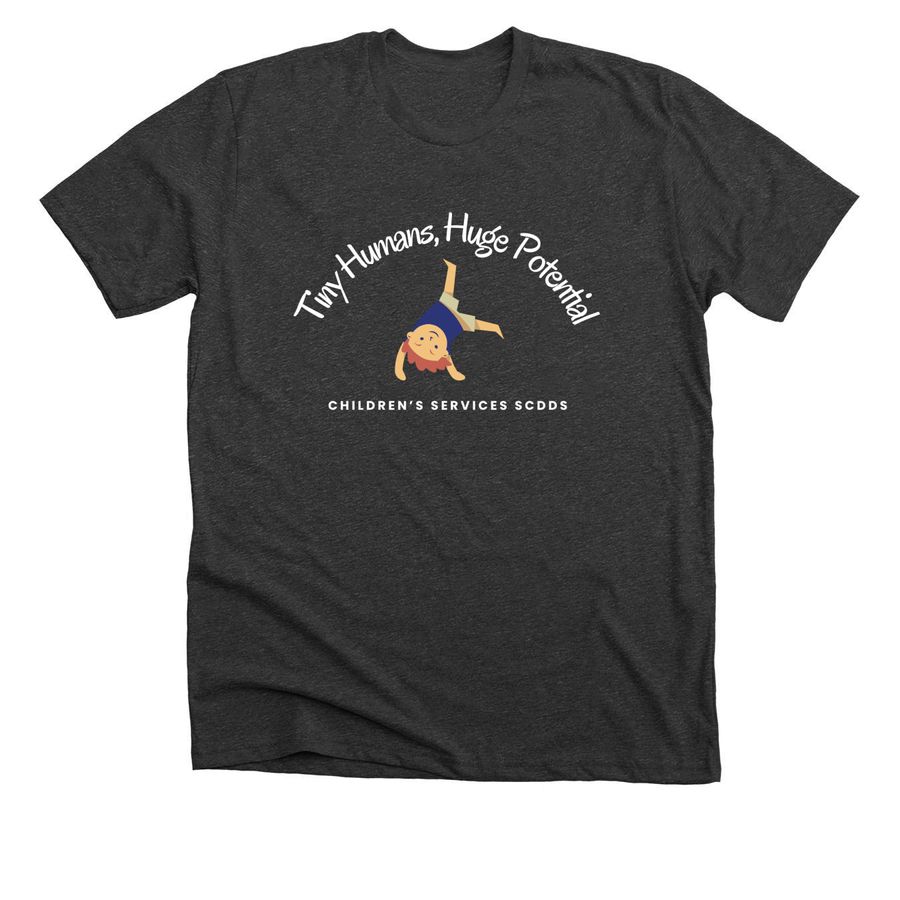Tiny Humans, Huge Potential, a Dark Grey Heather Premium Unisex Tee