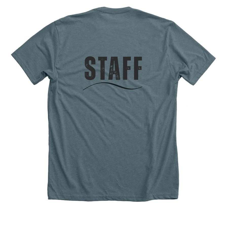 Seriously Staff, a Heather Slate Premium Unisex Tee (back-view)
