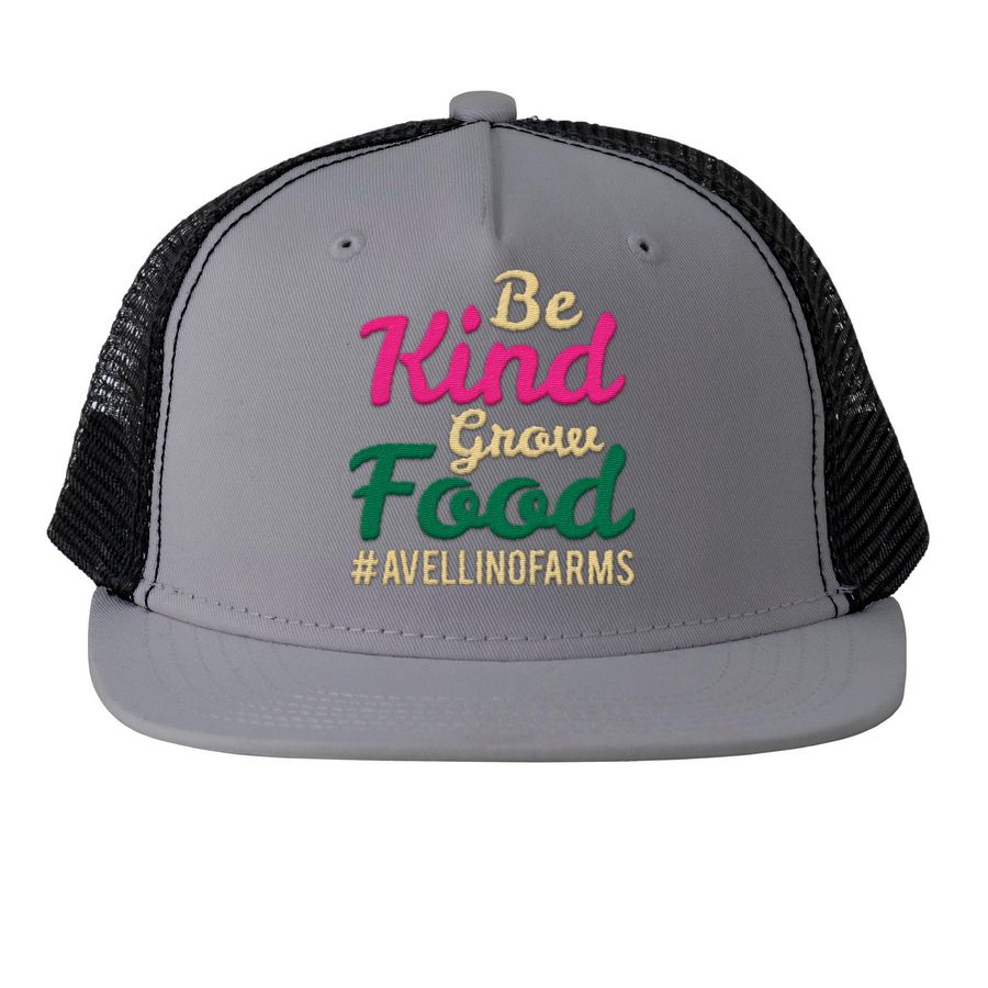 Be Kind Grow Food Trucker Hat, a Grey and Black Trucker Hat