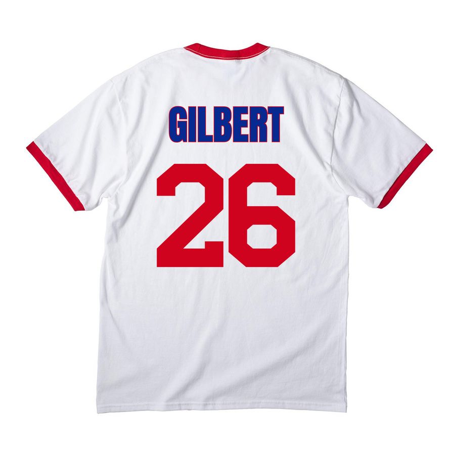 Gilbert, a White/ Red Cotton Ringer Tee (back-view)