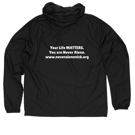 Never Alone Jacket, a Black Quarter-Zip Windbreaker (back-view)