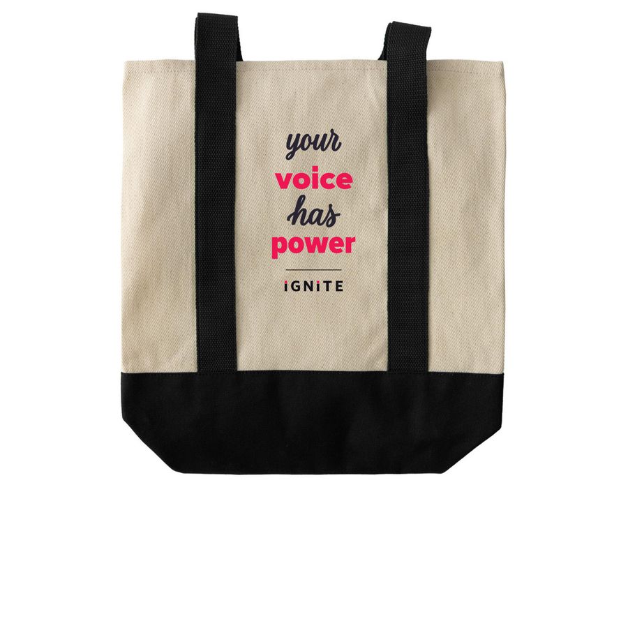 Your Voice Has Power, a Natural/Black Two-Tone Grocery Tote Bag (back-view)