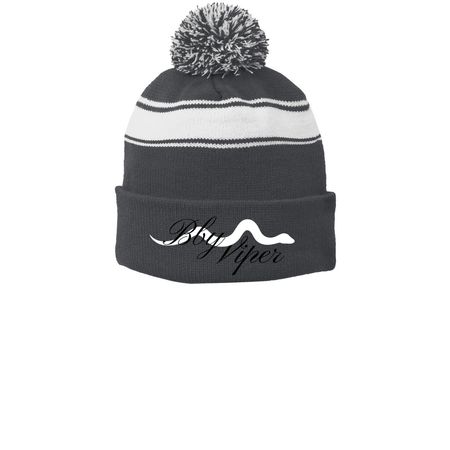 BBY VIPER Signature Beanie, a Iron Grey/ White Printed Stripe Pom-Pom Beanie