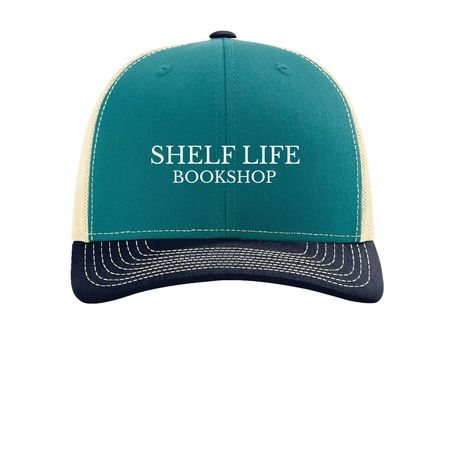 Shelf Life Trucker Hat, a Blue Teal/ Birch/ Navy Printed Snapback Trucker Cap