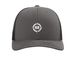 Outreach Hat - White Distressed Logo, a Charcoal/ Black Printed Snapback Trucker Cap