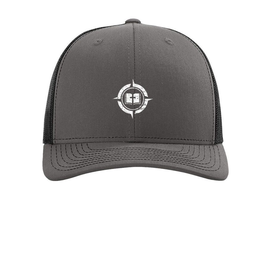 Outreach Hat - White Distressed Logo, a Charcoal/ Black Printed Snapback Trucker Cap