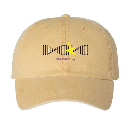 DLG4 SHINE DNA strand hats (full colour), a Mustard Printed Pigment Dye Baseball Cap