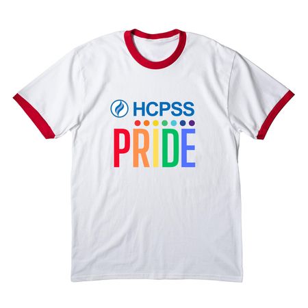 HCPSS Pride, a White/ Red Cotton Ringer Tee