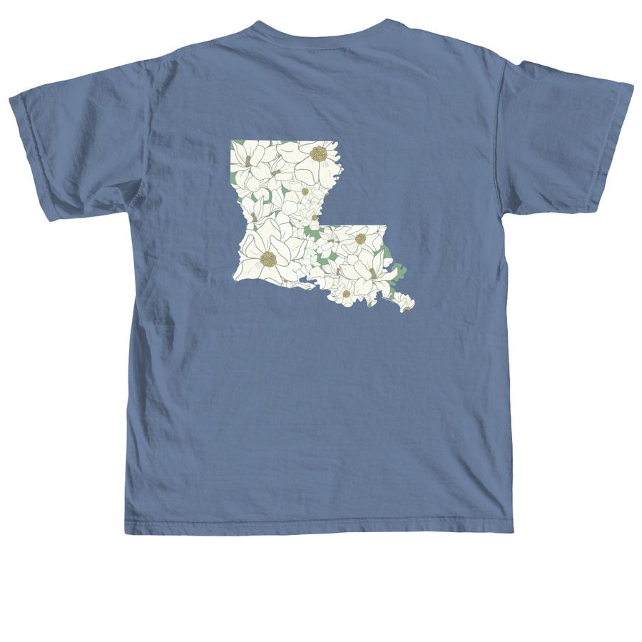 Louisiana State Flower, a Blue Jean Comfort Colors Unisex Tee (back-view)