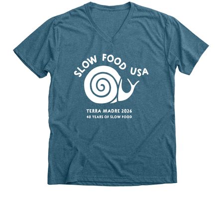Terra Madre 2026 SFUSA T-shirt, a Heather Deep Teal Premium V-Neck Tee