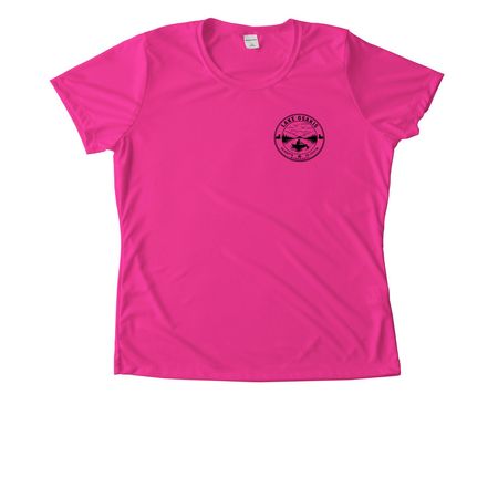one logo on front, Lake Osakis, a Neon Pink Women's Performance Tee