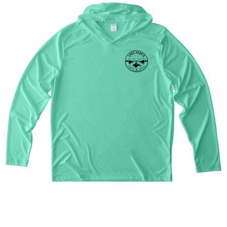 one logo on front, Lake Osakis, a Bright Seafoam UV Performance Long Sleeve Hoodie