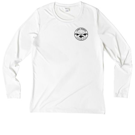 one logo on front, Lake Osakis, a White Women's UV Performance Long Sleeve Tee