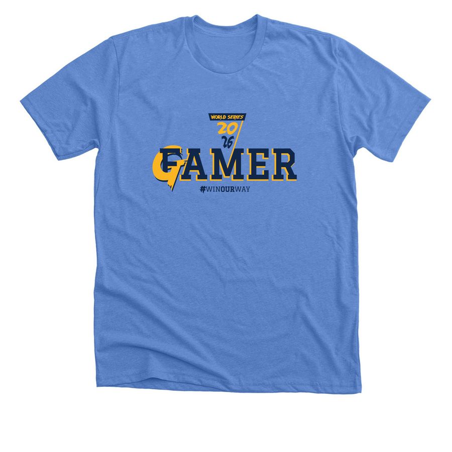 Gamer World Series, a Heather Columbia Blue Premium Unisex Tee