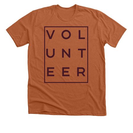 "Volunteer" T-shirt Maroon Font, a Heather Autumn Premium Unisex Tee