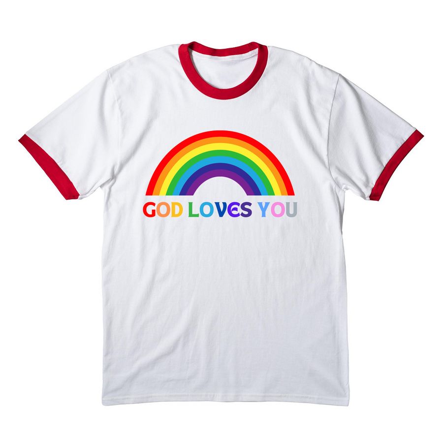 God Loves You (ringer tee), a White/ Red Cotton Ringer Tee