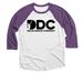 DDC Logo (Black), a Purple Rush and Heather White 3/4 Sleeve Baseball Tee