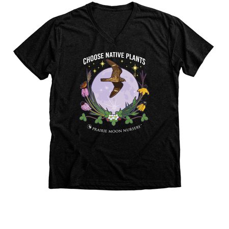 Choose Native Plants: Moon & Hawk (color), a Black Heather Premium V-Neck Tee