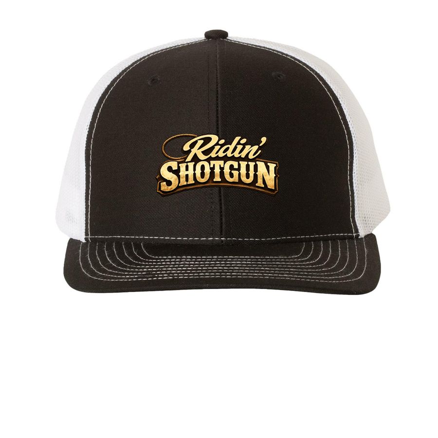 Ridin? Shotgun Hats, a Black/ White Printed Snapback Trucker Cap