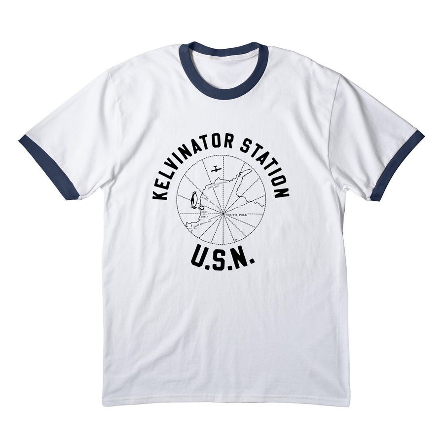 Genuine Fake WWII USN Kelvinator Station Tee, a White/ Navy Cotton Ringer Tee