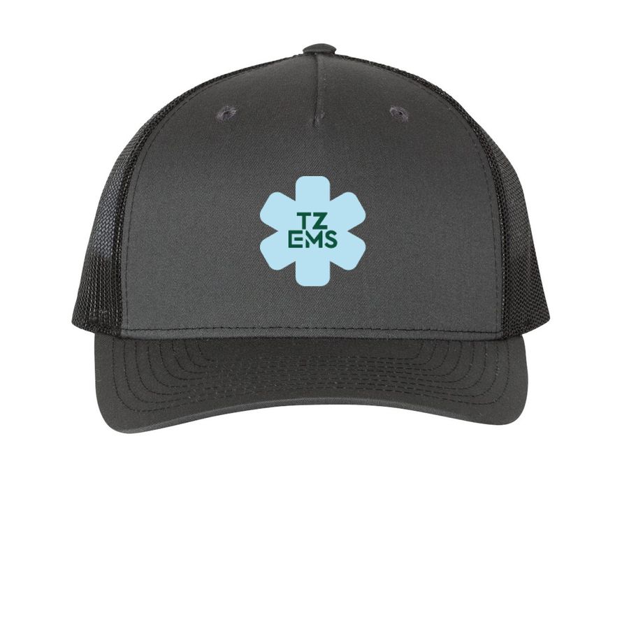 TZEMS Mesh Cap, a Charcoal/ Black Printed Five-Panel Trucker Cap