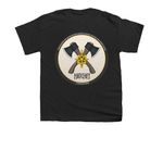 Hatchet on Front, Hatchet Logo on Back, a Black Youth Unisex Tee (back-view)