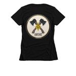 Hatchet on Front, Hatchet Logo on Back, a Black Women's Slim Fit Tee (back-view)