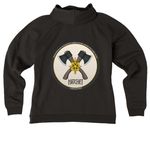 Hatchet on Front, Hatchet Logo on Back, a Deep Black Allmade Women?s Organic CVC Zip-Up Hoodie (back-view)