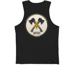 Hatchet on Front, Hatchet Logo on Back, a Black Premium Cotton Tank (back-view)