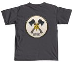 Hatchet on Front, Hatchet Logo on Back, a Graphite Comfort Colors Unisex Tee (back-view)