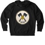 Hatchet on Front, Hatchet Logo on Back, a Black Stanley/Stella Unisex Cultivator 2.0 Zip Up Pullover Hoodie (back-view)