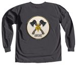 Hatchet on Front, Hatchet Logo on Back, a Graphite Comfort Colors Long Sleeve Tee (back-view)