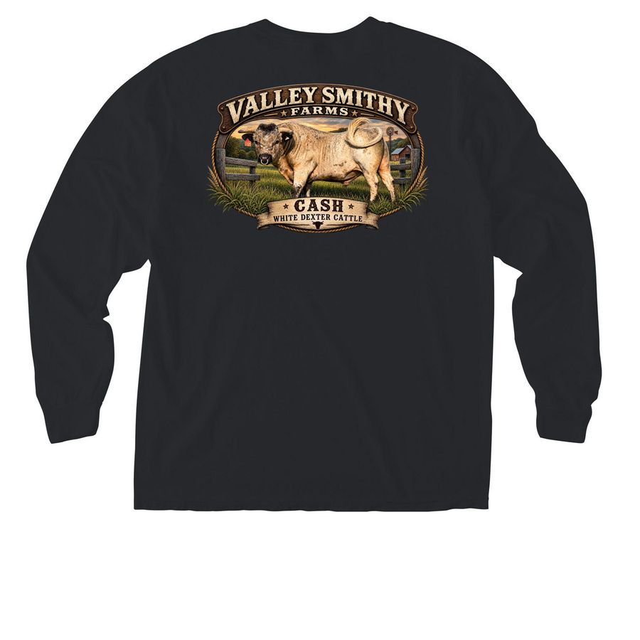 Cash Pocket and Back, a Black Comfort Colors Long Sleeve Pocket Tee (back-view)