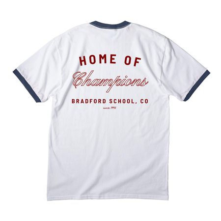 Home of Champions Logo, a White/ Navy Cotton Ringer Tee