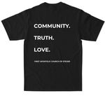 Community. Truth. Love, a Black Max Heavyweight Tee (back-view)