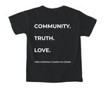 Community. Truth. Love, a Black Comfort Colors Youth Tee (back-view)