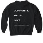 Community. Truth. Love, a Black Gildan Softstyle Pullover Hoodie (back-view)