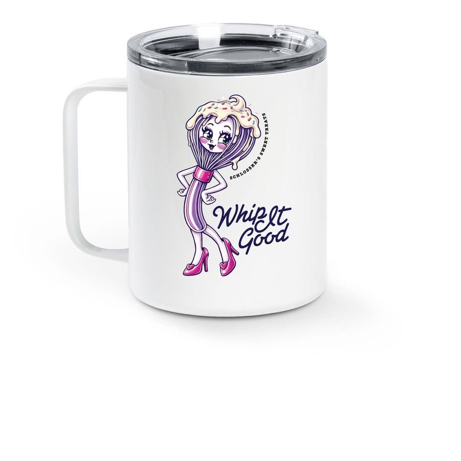 Whip It Good Travel Mug, a White Stainless Steel Travel Mug (back-view)