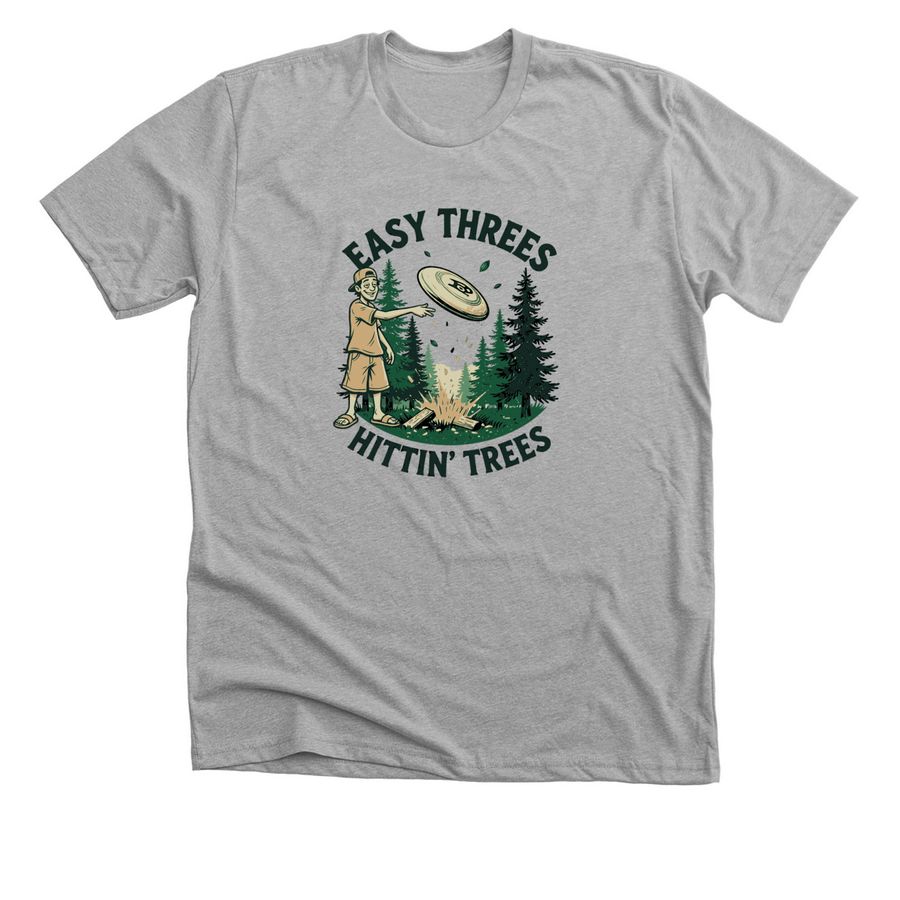 Easy Threes, Hittin' Trees Disc Golf Team, a Athletic Heather Premium Unisex Tee