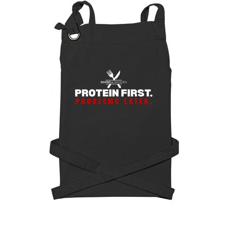 Protein First. Problems Later. Apron, a Black Cotton Canvas Pocket Apron